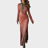 Soli | Dlouhé šaty z ante s výšivkou a třásněmi