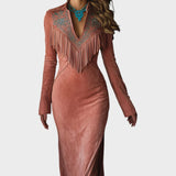 Soli | Dlouhé šaty z ante s výšivkou a třásněmi