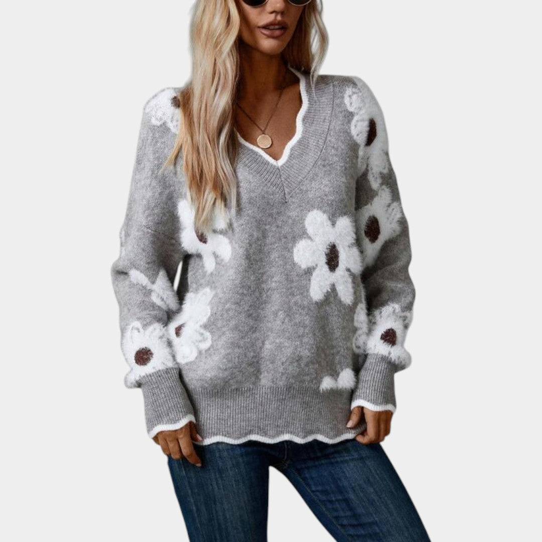 Klára – svetr s V-krkem a květinovým motivem